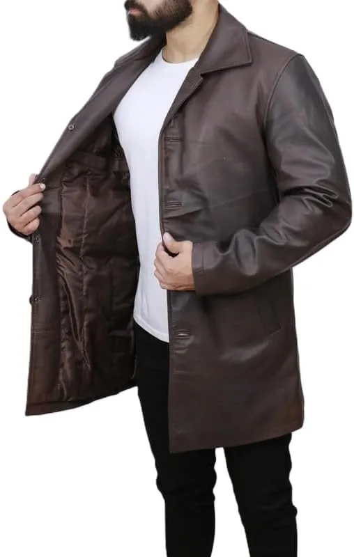 Men's Dean Winchester Jacket for Men - Mens Distressed Brown Leather Jacket Car Coat 3/4 Length Winter Coat