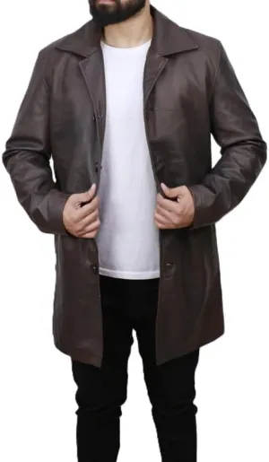 Men's Dean Winchester Jacket for Men - Mens Distressed Brown Leather Jacket Car Coat 3/4 Length Winter Coat