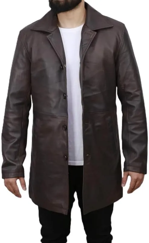 Men's Dean Winchester Jacket for Men - Mens Distressed Brown Leather Jacket Car Coat 3/4 Length Winter Coat