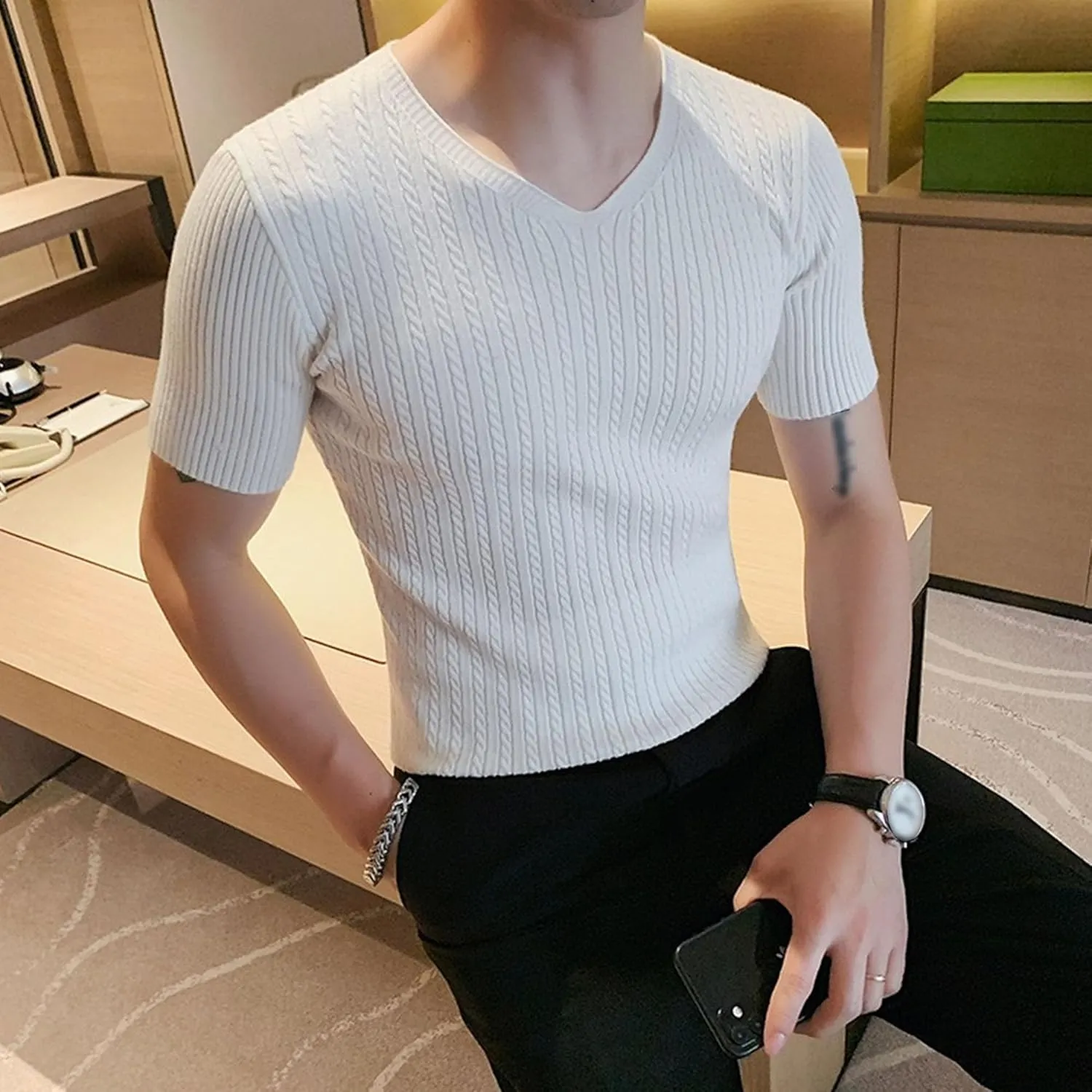 Men's Fashion Slim Temperament Short Sleeve Personalized Daily Business Tops Hundred Handsome V-Neck Casual T-Shirt