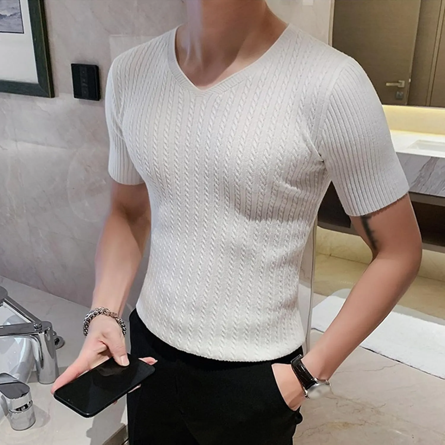 Men's Fashion Slim Temperament Short Sleeve Personalized Daily Business Tops Hundred Handsome V-Neck Casual T-Shirt