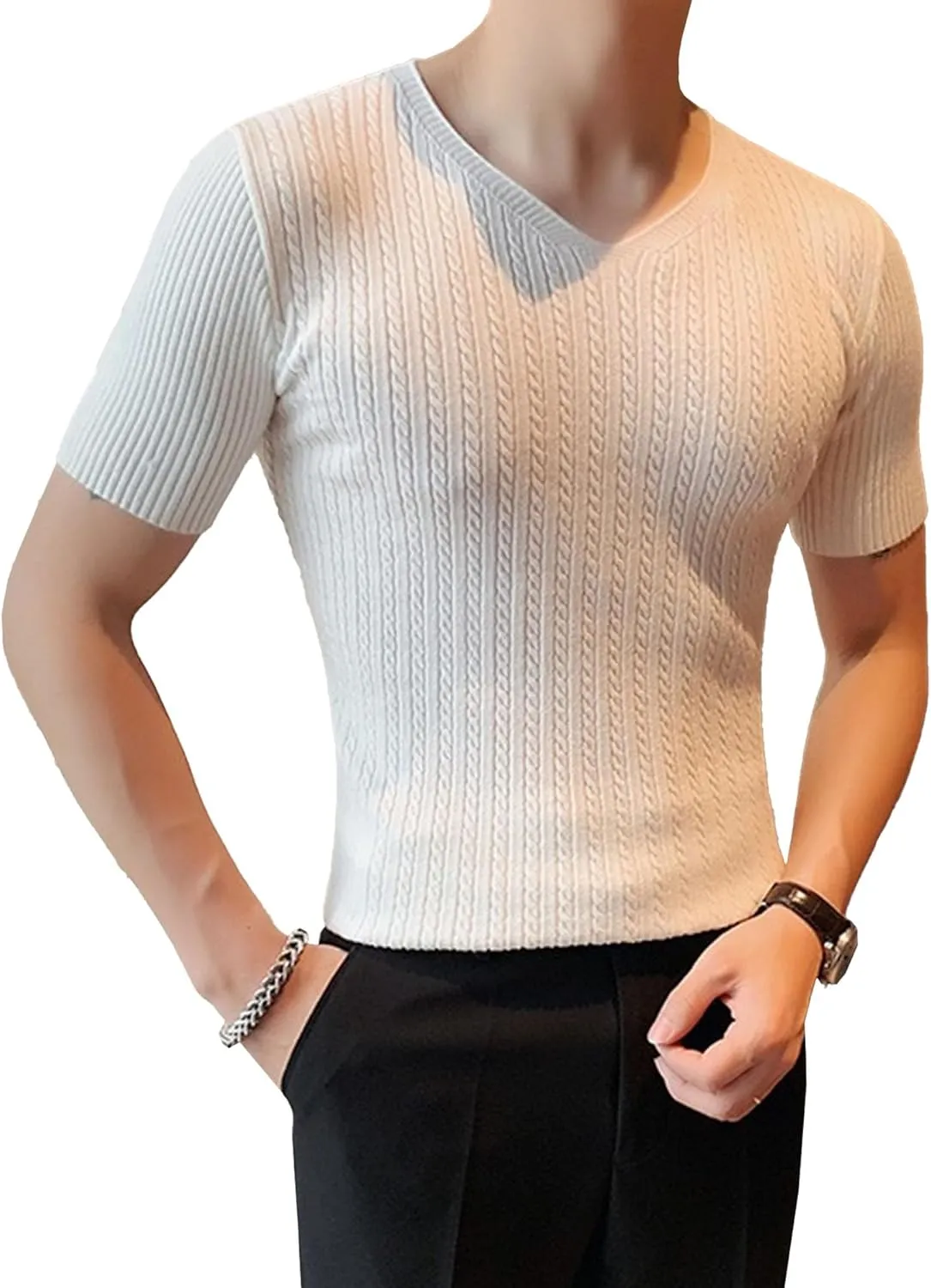 Men's Fashion Slim Temperament Short Sleeve Personalized Daily Business Tops Hundred Handsome V-Neck Casual T-Shirt