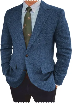 Men's Herringbone Blazer Jacket Slim Fit Notch Lapel Wool Blend Sports Coat
