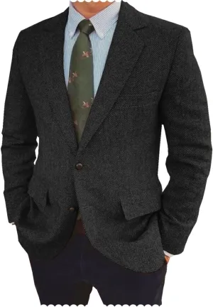 Men's Herringbone Blazer Jacket Slim Fit Notch Lapel Wool Blend Sports Coat