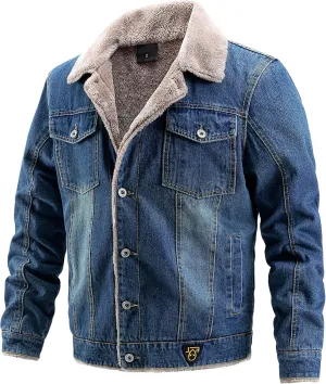 Men'S Jean Jacket Casual Loose Button Lapel Sherpa Fleece Lined Thicken Trucker Jacket Coats