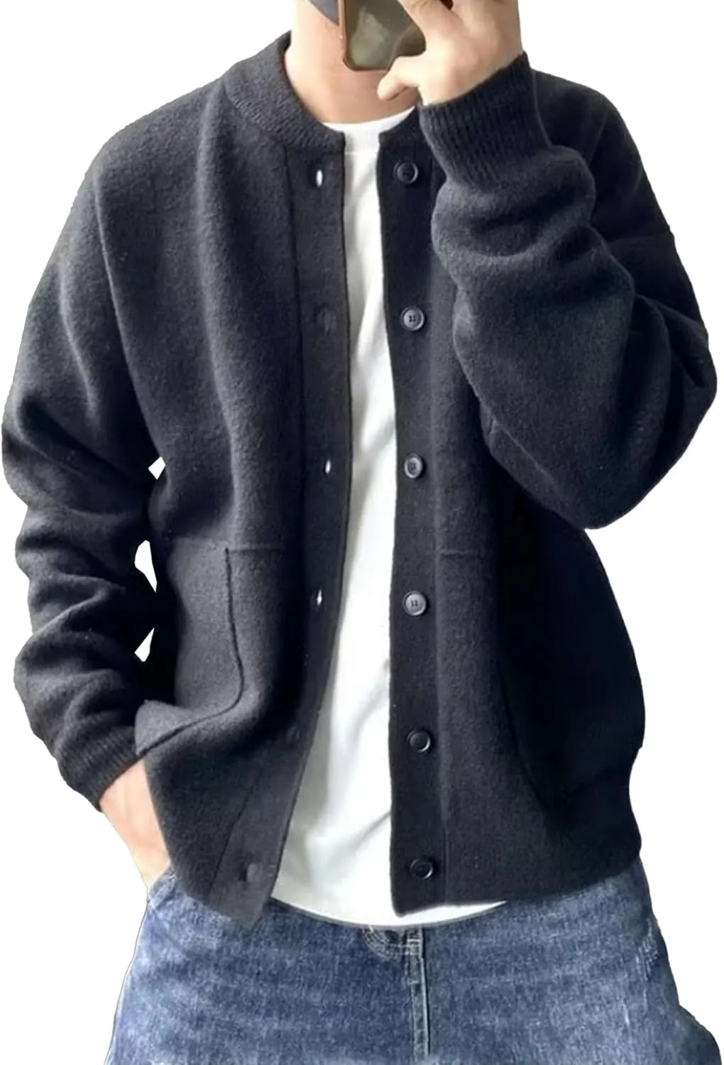 Men's Loose Fit Button Down Sweater Knitted Crew Neck Casual Sweater Cardigan Fashion Long Sleeve Sweaters