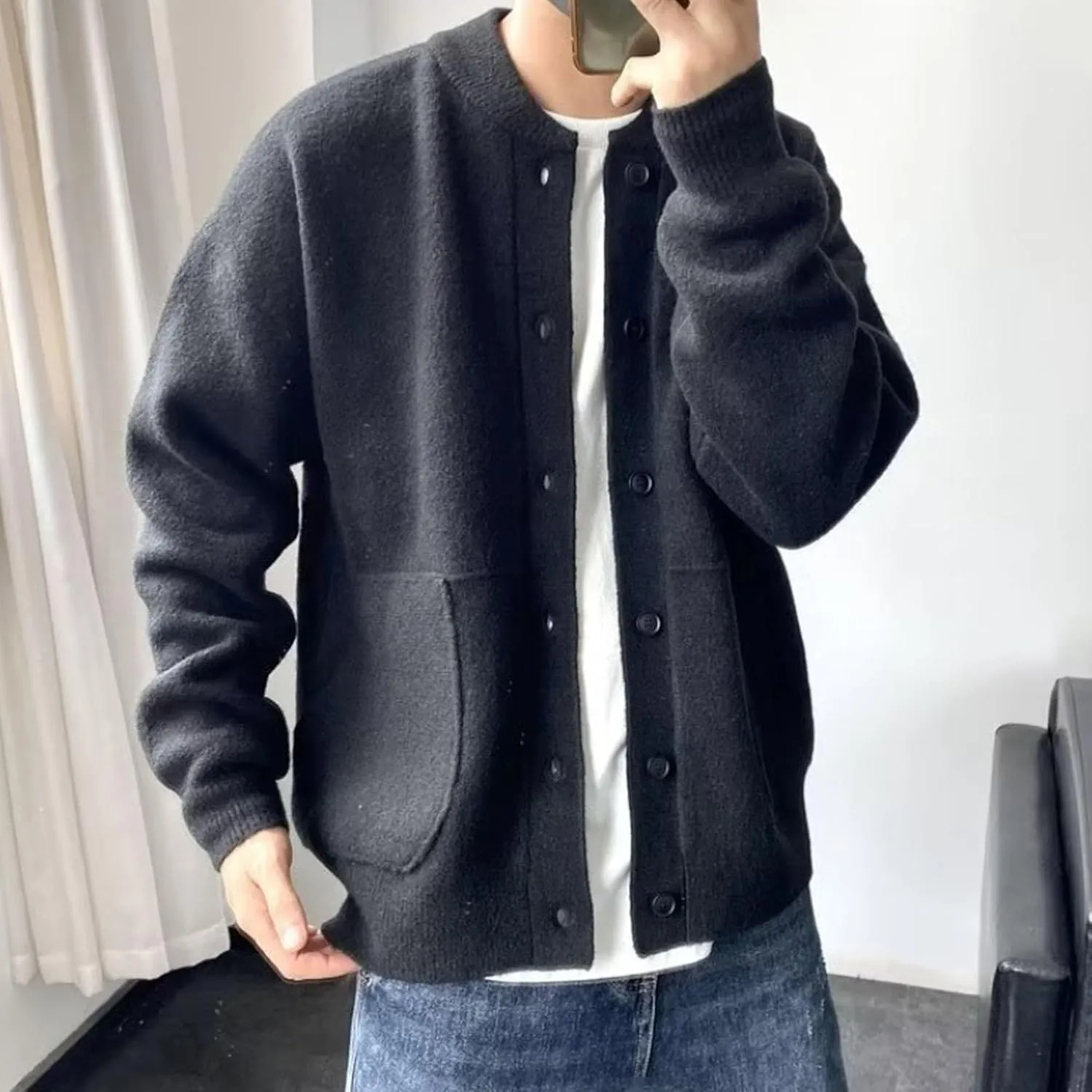 Men's Loose Fit Button Down Sweater Knitted Crew Neck Casual Sweater Cardigan Fashion Long Sleeve Sweaters