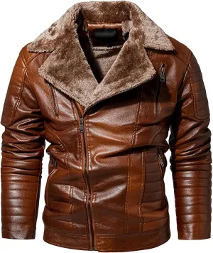 Men's Motorcycle Warm Leather Jacket Winter Outdoor Faux Leather Coat Sherpa Fur Collar Bike Bomber Jacket