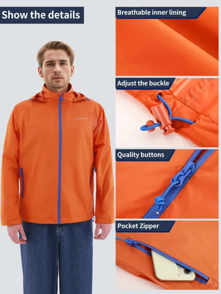 Men's Rain Jacket with Hood Lightweight Packable Upf 50  Long Sleeve Waterproof Rain Coat Windbreaker Golf