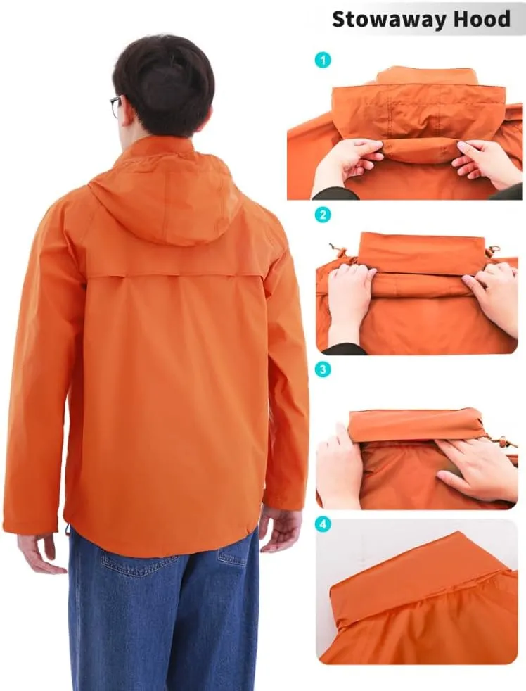 Men's Rain Jacket with Hood Lightweight Packable Upf 50  Long Sleeve Waterproof Rain Coat Windbreaker Golf