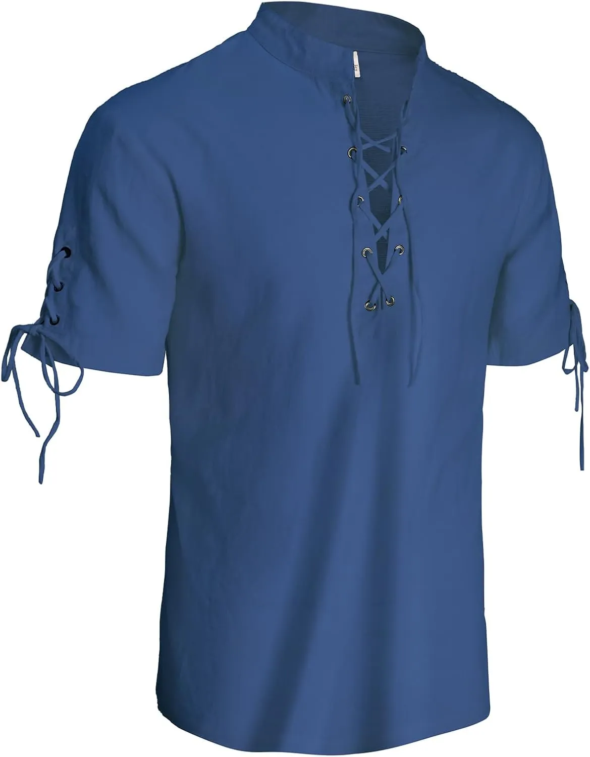 Mens Renaissance Shirt Pirate Medieval Viking Steampunk Top Lace Up V Neck Linen Short Sleeve Halloween Costume