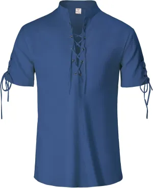Mens Renaissance Shirt Pirate Medieval Viking Steampunk Top Lace Up V Neck Linen Short Sleeve Halloween Costume
