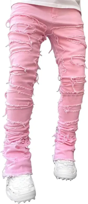 Mens Stacked Jeans Slim Fit Ripped Destroyed Straight Leg Denim Pants for Harajuku or Hip Hop Streetwear