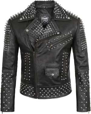 Mens Studded Leather Jacket Rock Punk - Brando Motorcycle Black Biker Spiked Jacket