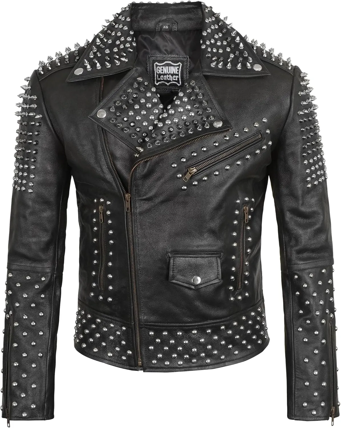Mens Studded Leather Jacket Rock Punk - Brando Motorcycle Black Biker Spiked Jacket