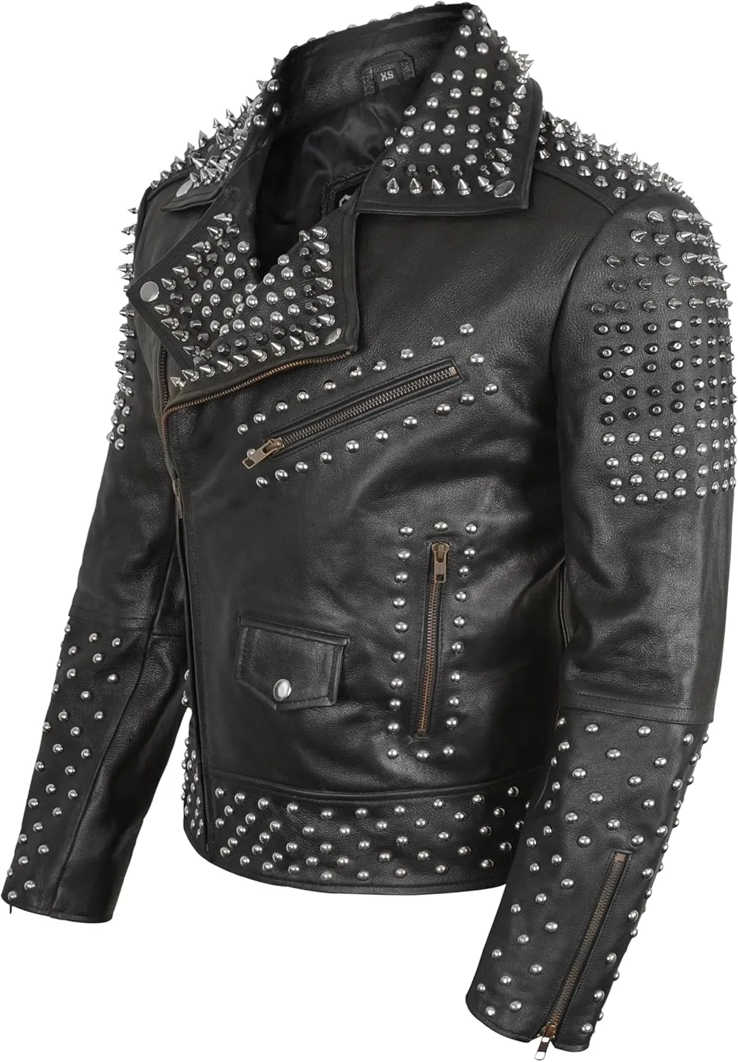 Mens Studded Leather Jacket Rock Punk - Brando Motorcycle Black Biker Spiked Jacket