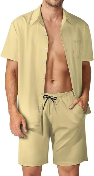 Mens Swimsuit 2 Pieces Set Quick Dry Shorts Shirts Summer Button Down Short Sleeve Set