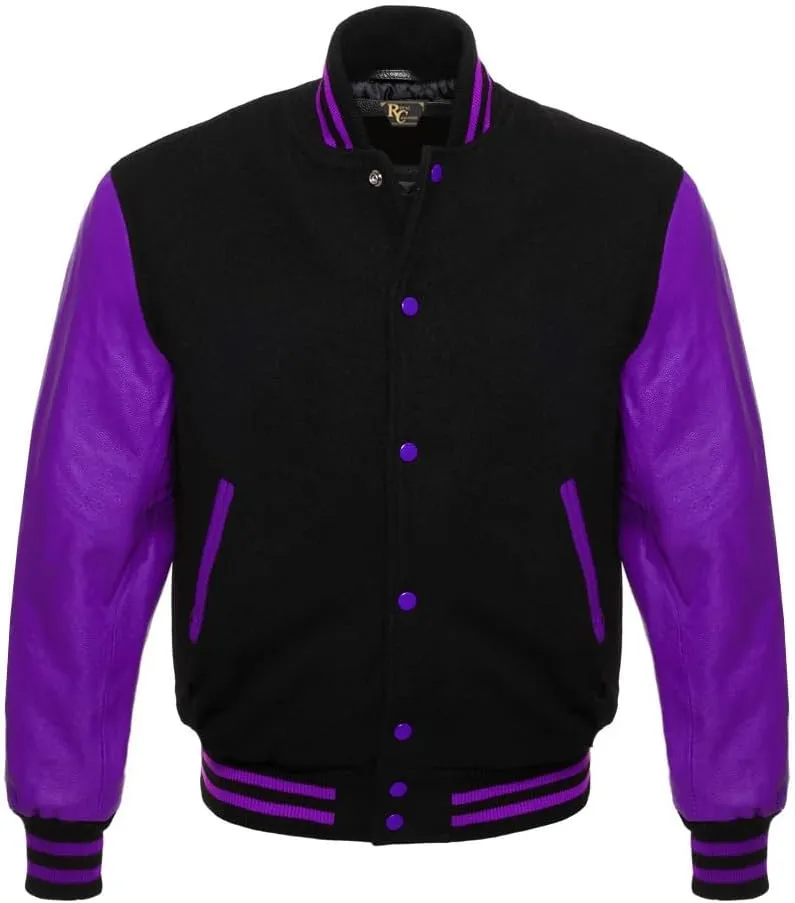 Men's Varsity Letterman Black Wool & Genuine Tewelve Colour Leather Sleeves Bomber Style Baseball Jacket