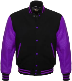 Men's Varsity Letterman Black Wool & Genuine Tewelve Colour Leather Sleeves Bomber Style Baseball Jacket