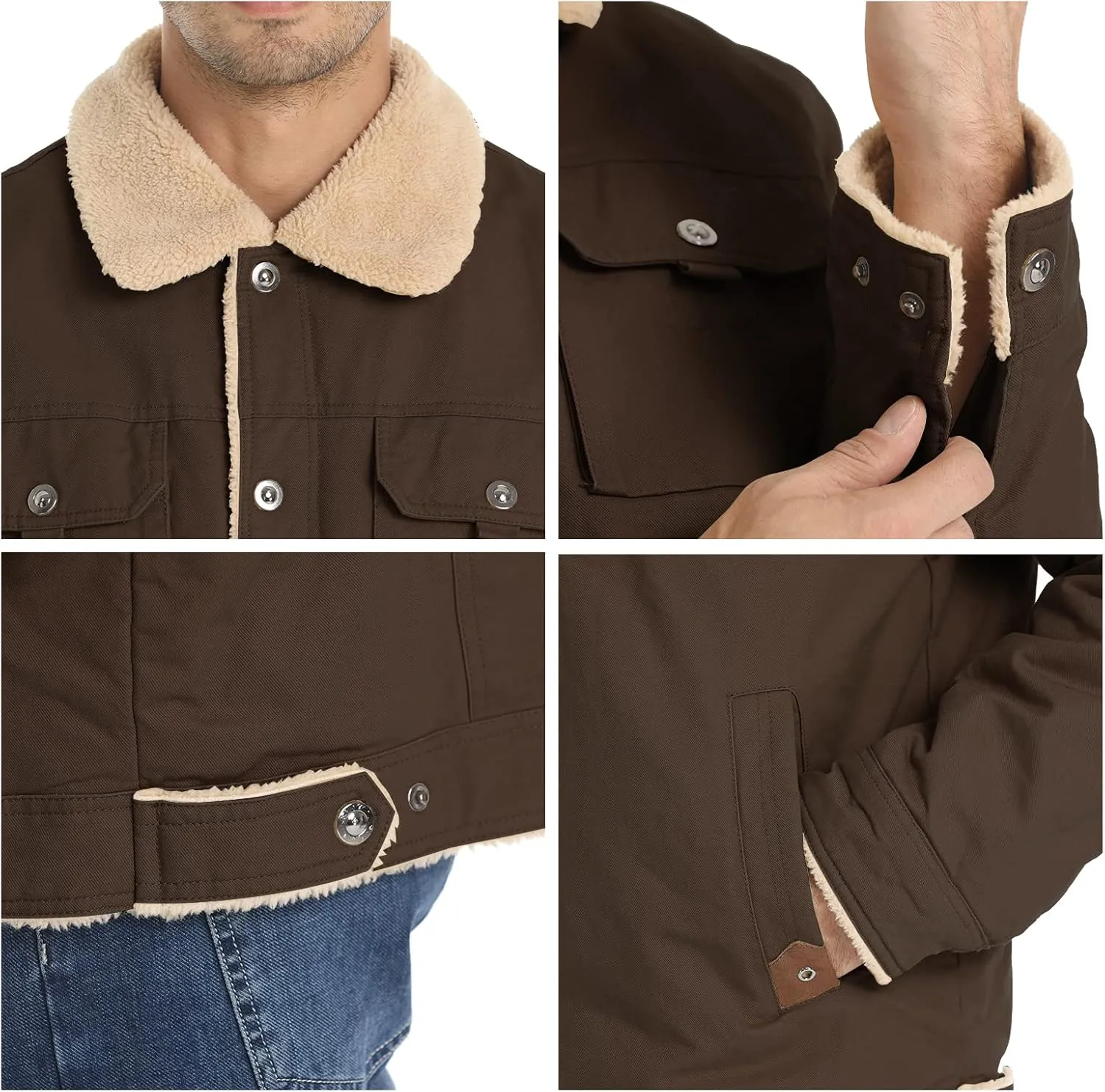 Men's Winter Jacket, Cotton Sherpa Fleece Lined Jacket, Warm Trucker Cargo Coats with Pockets