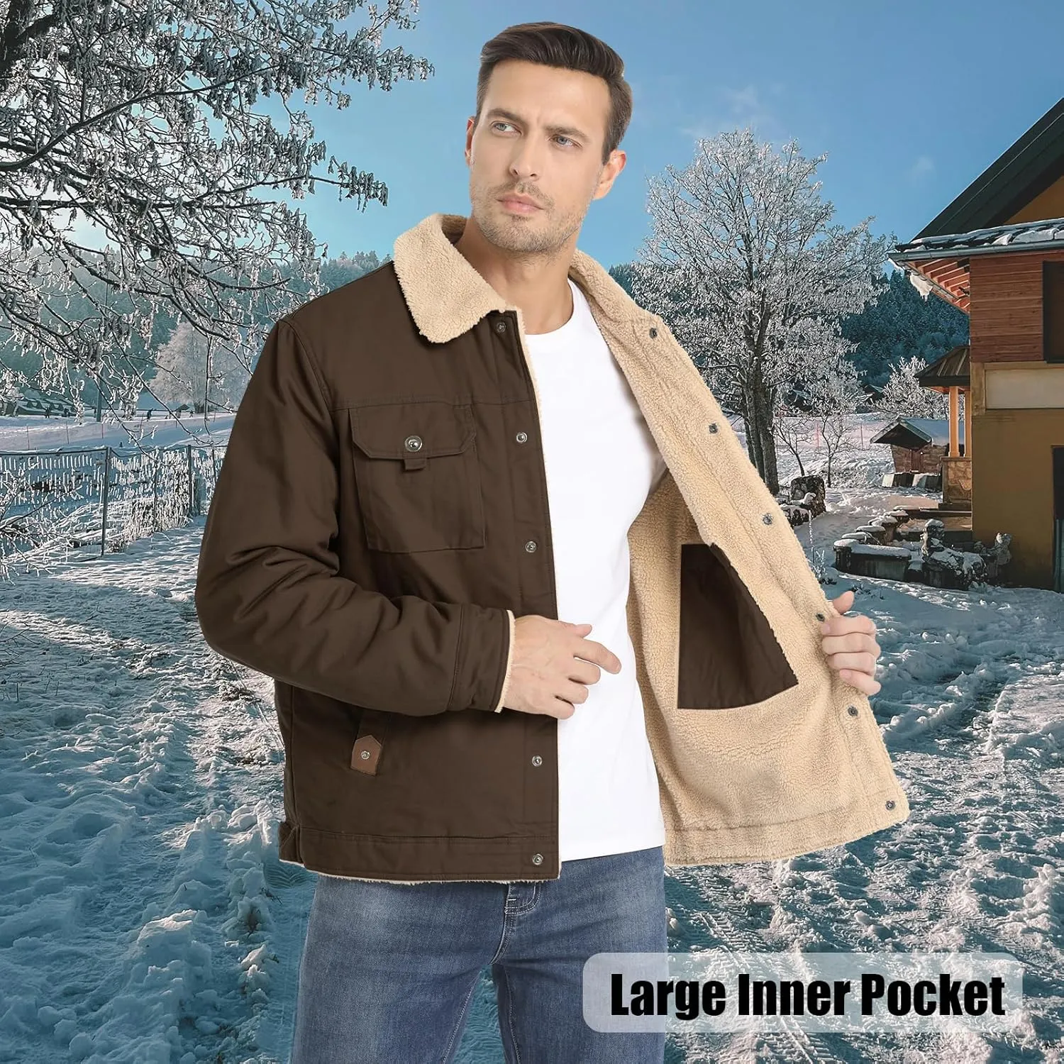 Men's Winter Jacket, Cotton Sherpa Fleece Lined Jacket, Warm Trucker Cargo Coats with Pockets