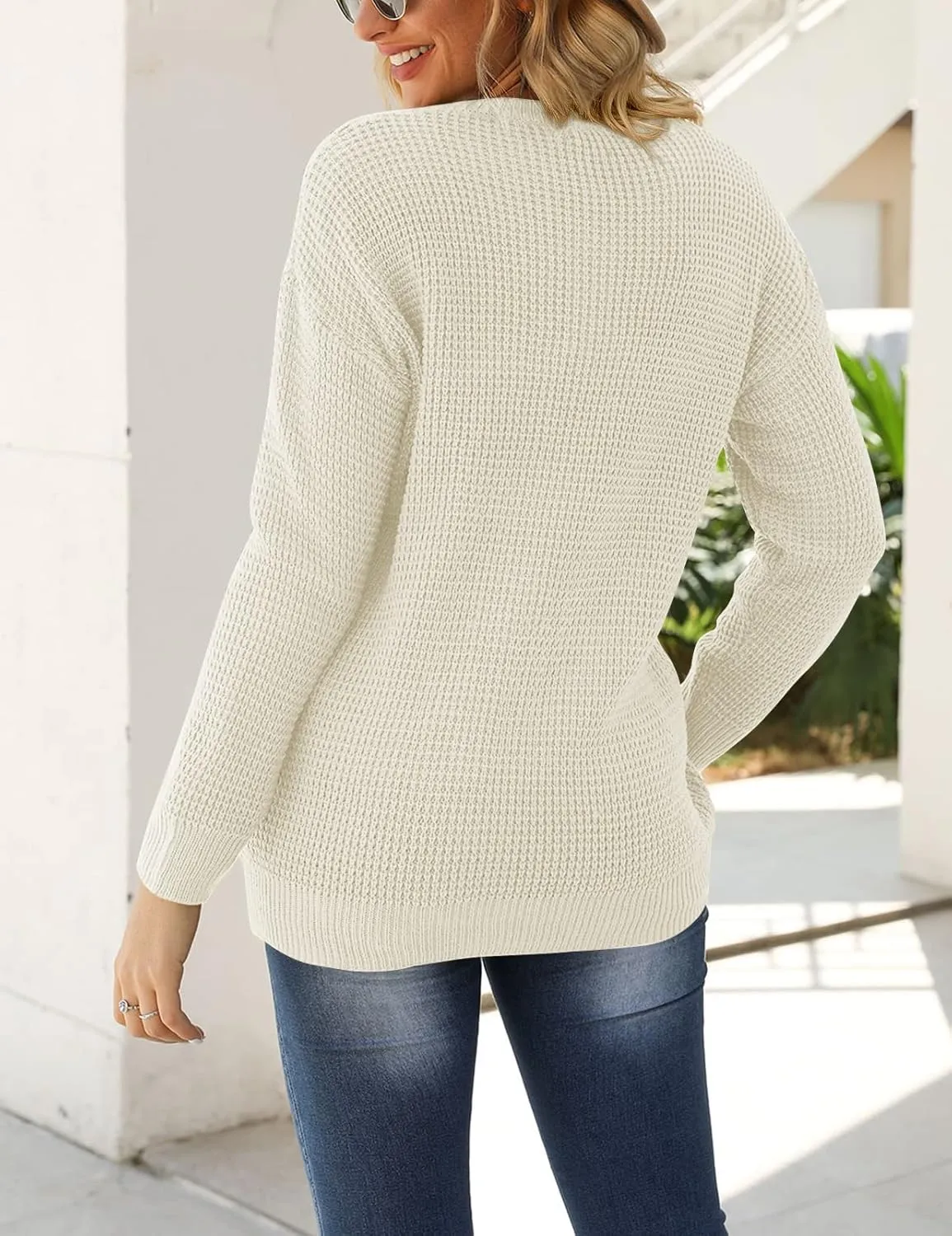 MEROKEETY Women's 2024 Long Sleeve Waffle Knit Sweater Crew Neck Solid Color Pullover Jumper Tops
