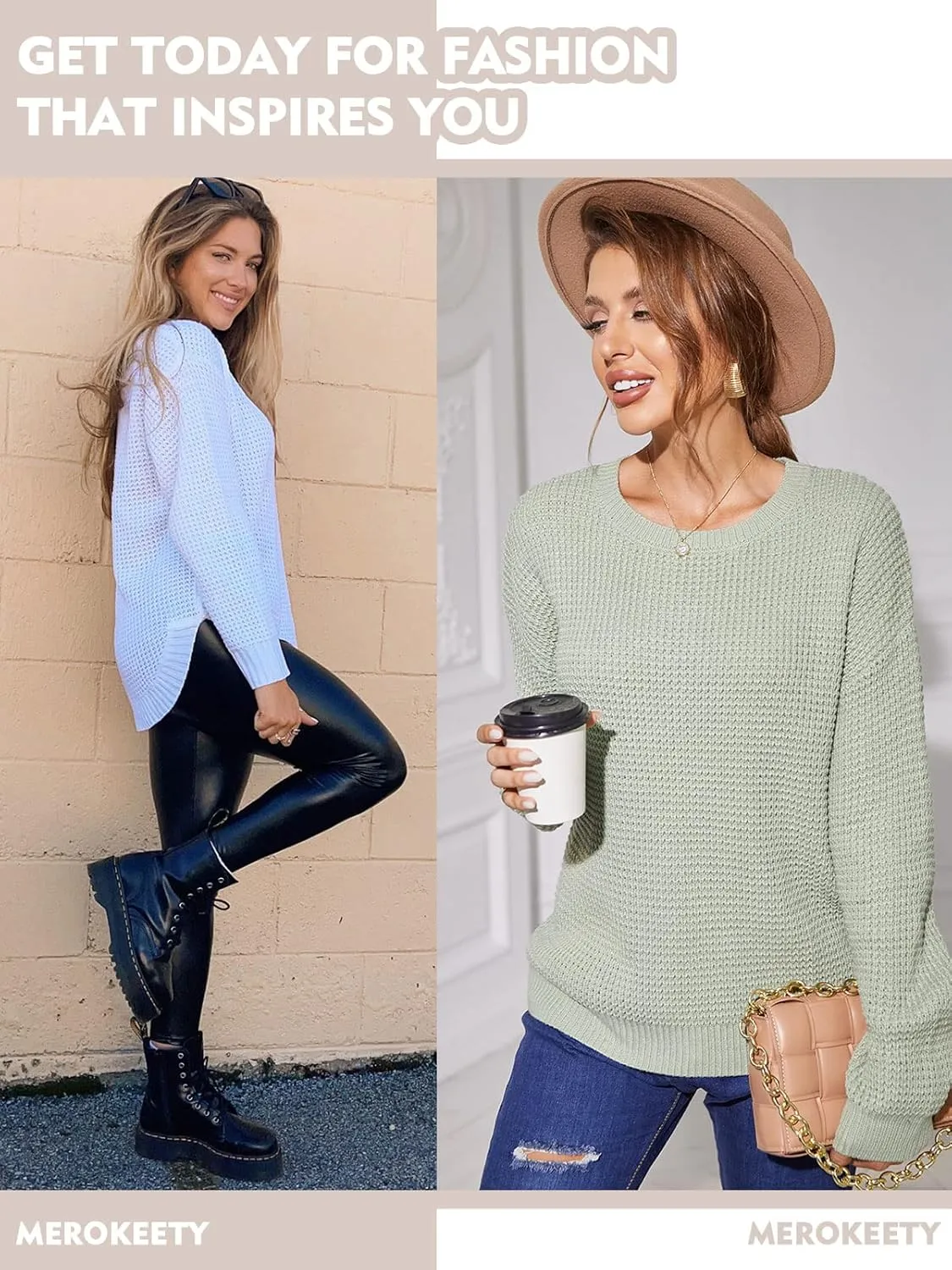 MEROKEETY Women's 2024 Long Sleeve Waffle Knit Sweater Crew Neck Solid Color Pullover Jumper Tops