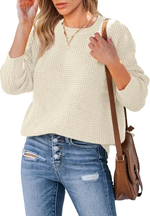 MEROKEETY Women's 2024 Long Sleeve Waffle Knit Sweater Crew Neck Solid Color Pullover Jumper Tops