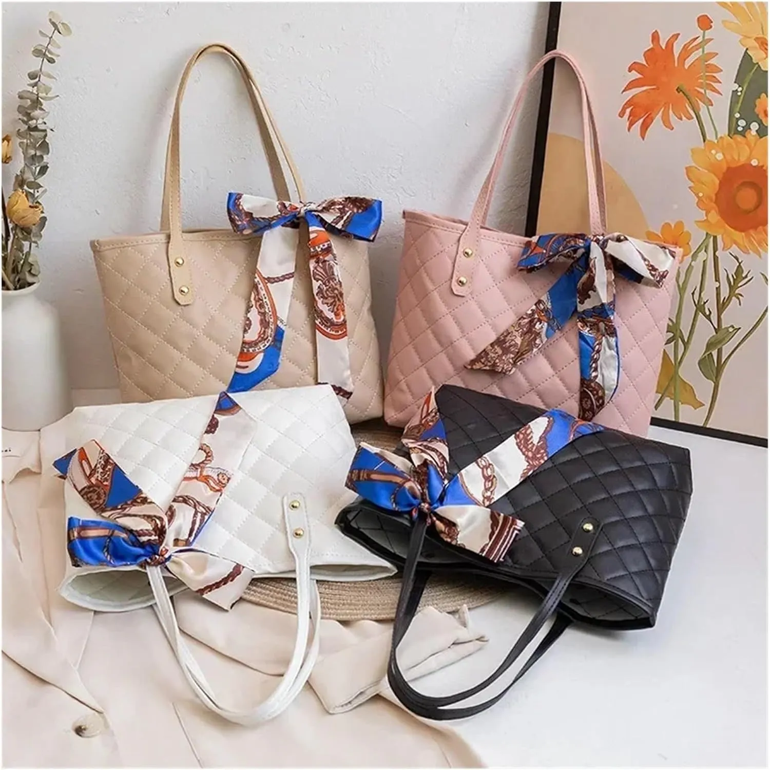 Messenger Bag Large Capacity Bag Trendy Simple Scarf Tote Bag Shoulder Bucket Bag Bags Fit for Women Leisure Bag(White)