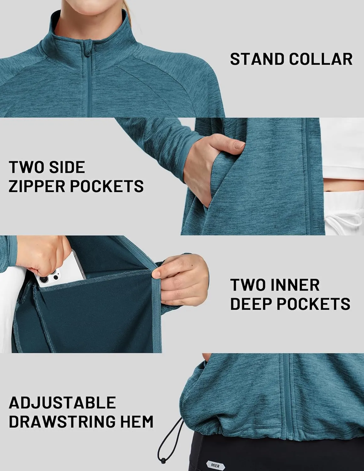 MIER Womens Athletic Jackets Light Weight Cropped Zip Up Workout Running Jacket UPF 50  Full Zip UV Shirts with Pockets