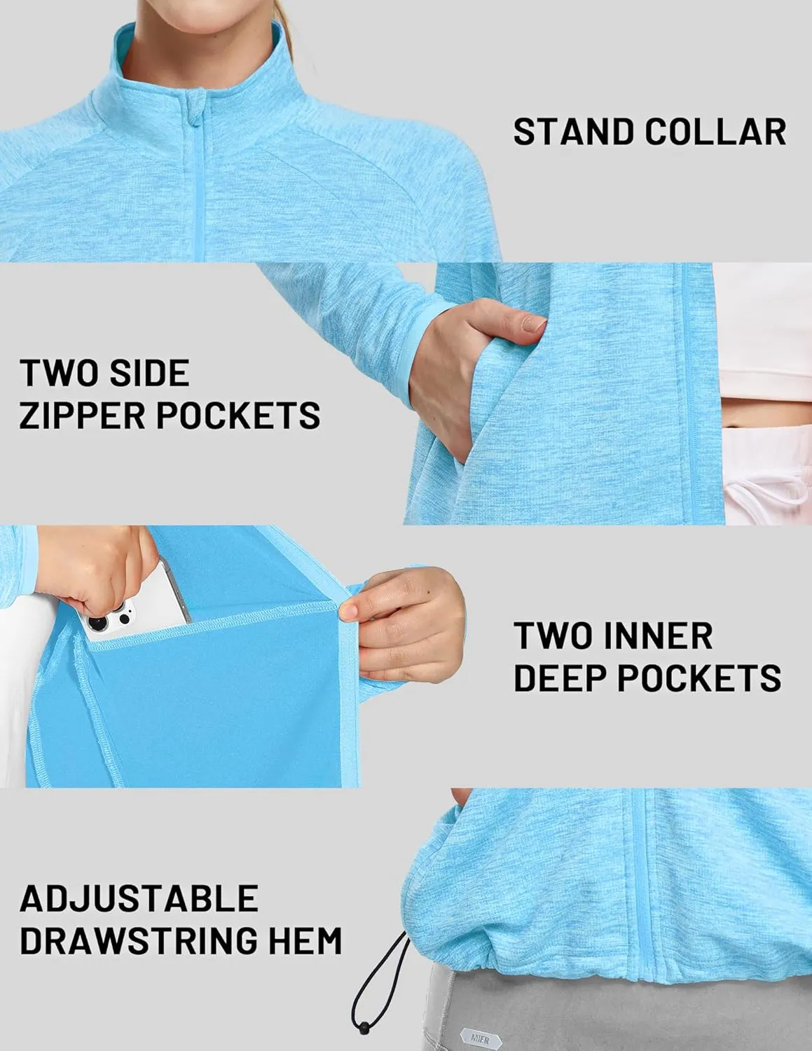 MIER Womens Athletic Jackets Light Weight Cropped Zip Up Workout Running Jacket UPF 50  Full Zip UV Shirts with Pockets