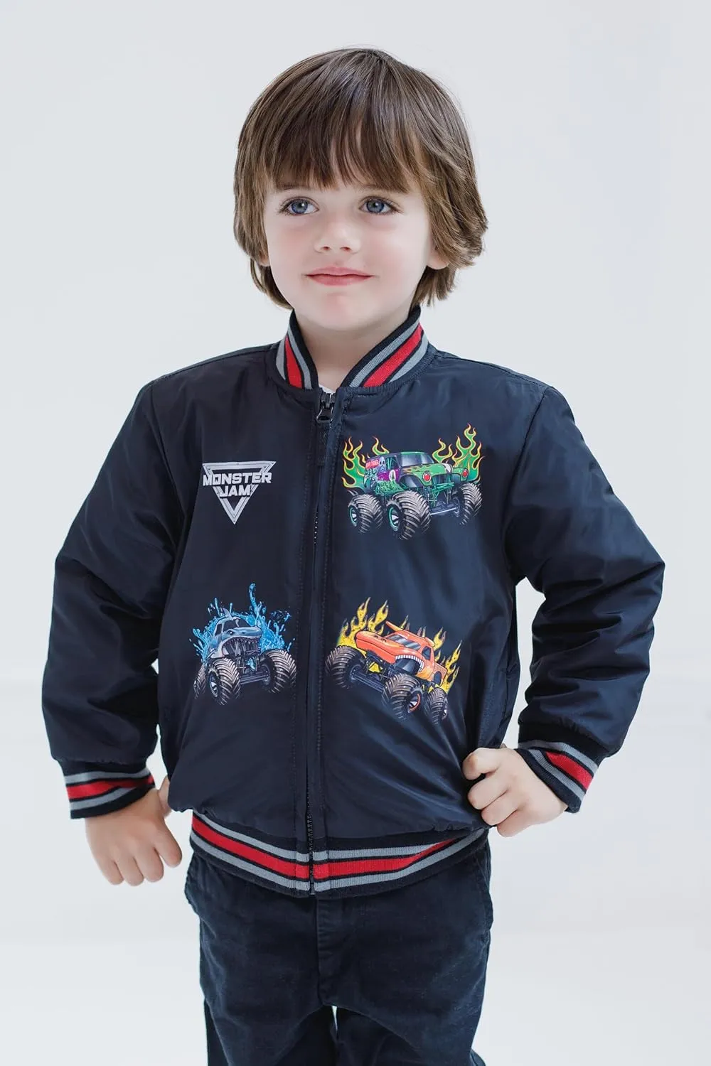 Monster Jam Zip Up Varsity Bomber Jacket Toddler to Little Kid Grave Digger El Toro Loco Megalodon