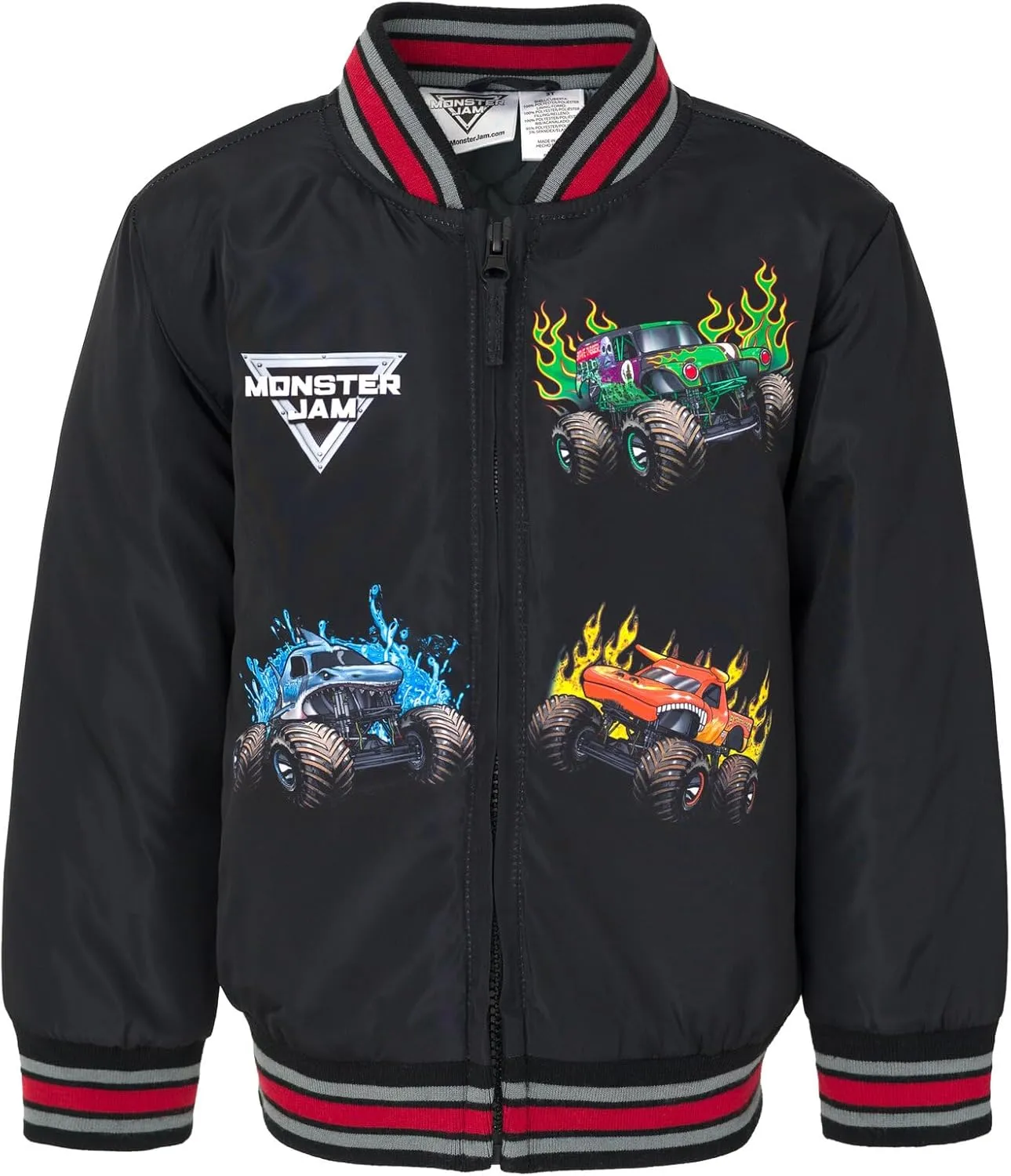 Monster Jam Zip Up Varsity Bomber Jacket Toddler to Little Kid Grave Digger El Toro Loco Megalodon