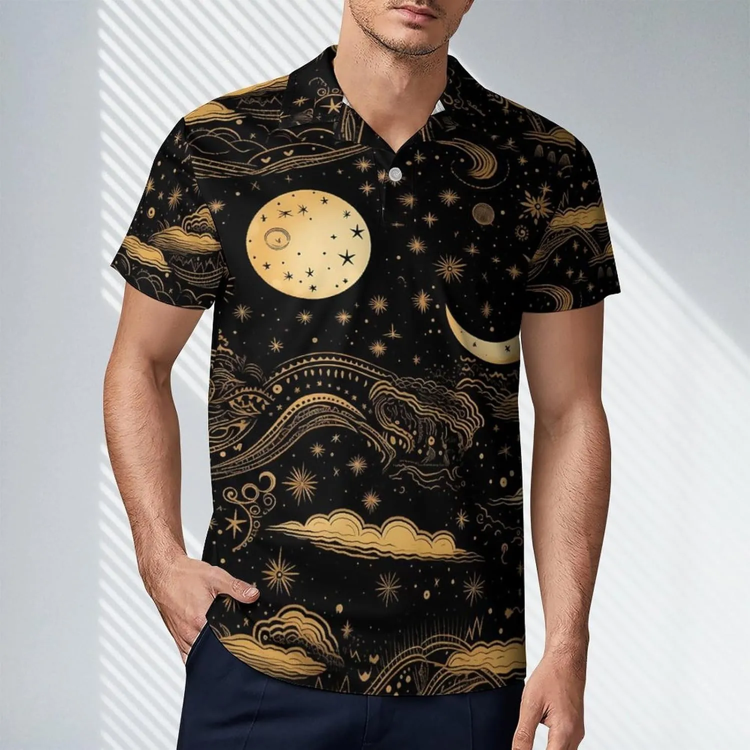Moon and Sun Pattern Men's Polo Shirt Short Sleeve Casual Athletic Quick Dry Golf T-Shirts