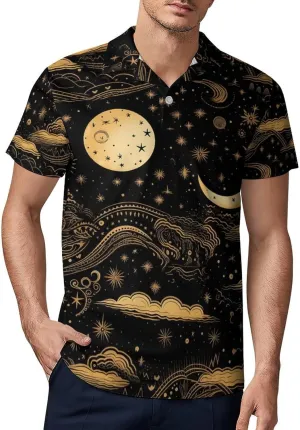 Moon and Sun Pattern Men's Polo Shirt Short Sleeve Casual Athletic Quick Dry Golf T-Shirts