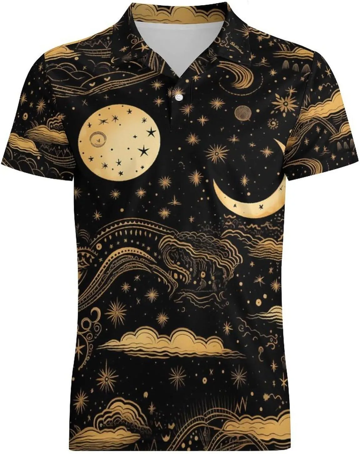 Moon and Sun Pattern Men's Polo Shirt Short Sleeve Casual Athletic Quick Dry Golf T-Shirts
