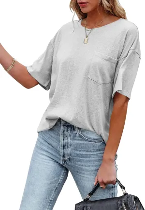 Muchpow Women's Crewneck Summer T Shirt Short Sleeve Casual Loose Tops with Pocket