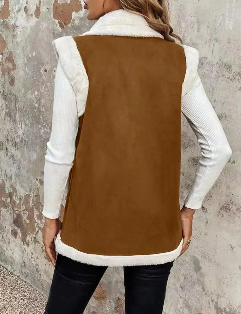 Mywinway Sherpa Vest Womens Fall Winter Faux Fur Suede Leather Vest Jacket Sleeveless Lambswool Fur Warm Coat