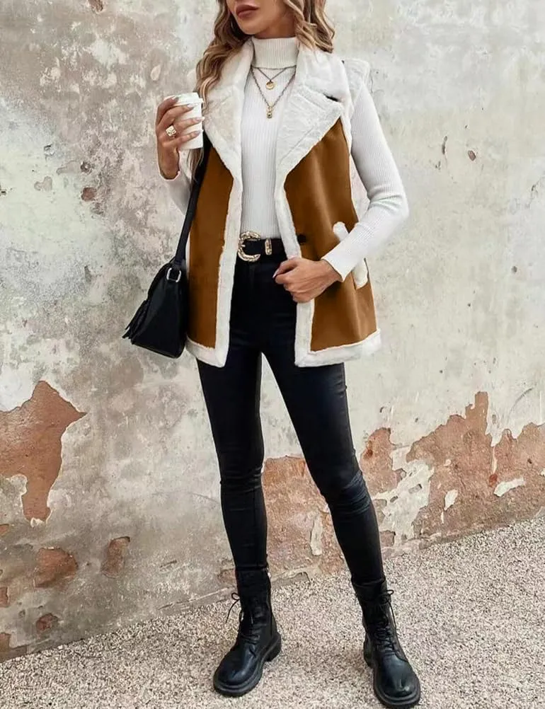 Mywinway Sherpa Vest Womens Fall Winter Faux Fur Suede Leather Vest Jacket Sleeveless Lambswool Fur Warm Coat