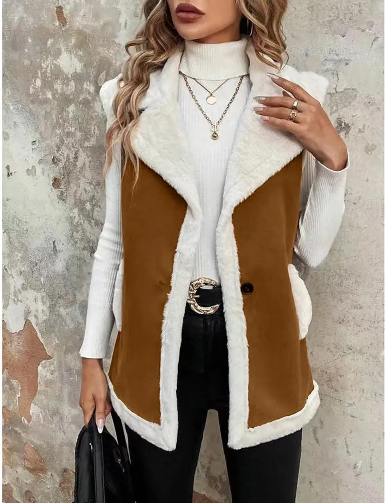 Mywinway Sherpa Vest Womens Fall Winter Faux Fur Suede Leather Vest Jacket Sleeveless Lambswool Fur Warm Coat