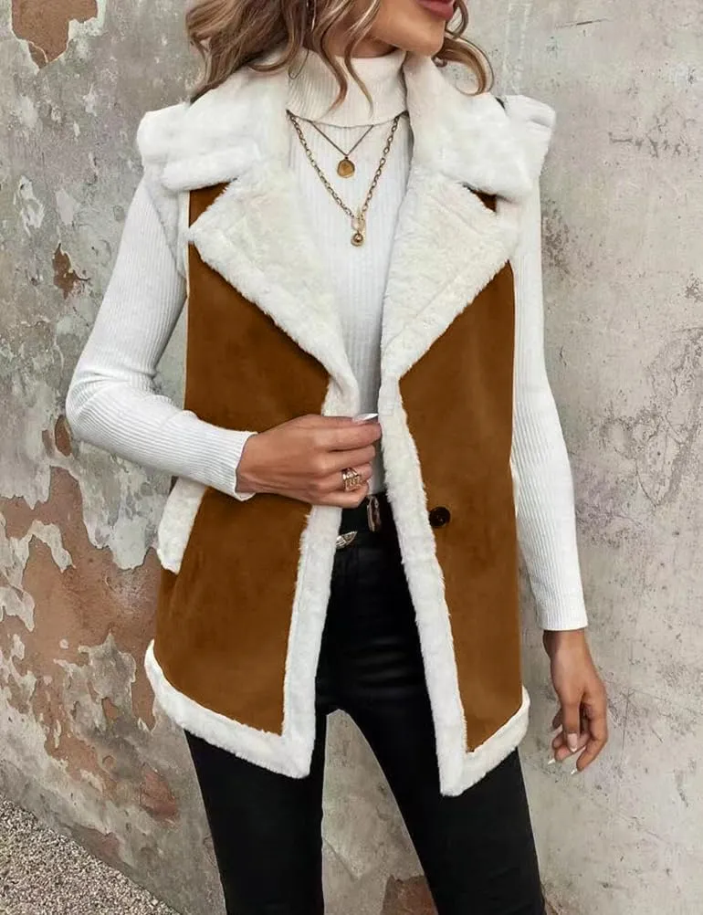 Mywinway Sherpa Vest Womens Fall Winter Faux Fur Suede Leather Vest Jacket Sleeveless Lambswool Fur Warm Coat