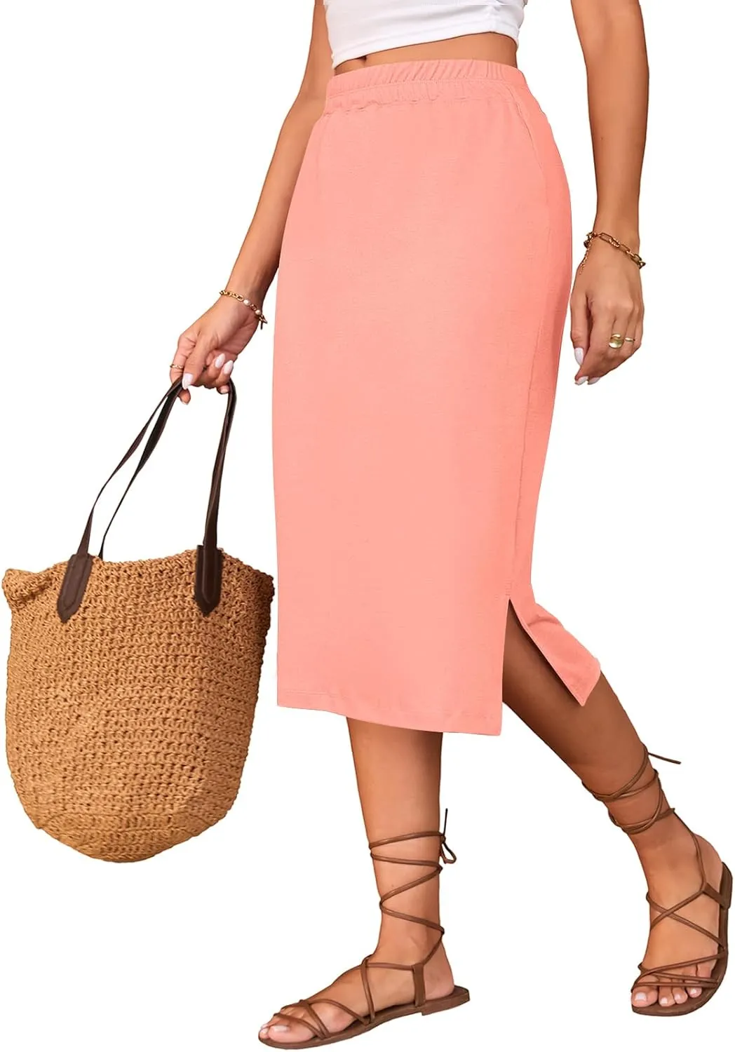 Naggoo Midi Skirts for Women Summer Elastic High Waisted Side Slit Long Skirt
