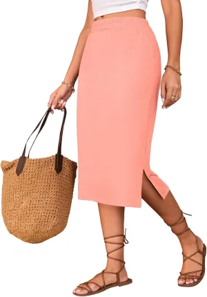 Naggoo Midi Skirts for Women Summer Elastic High Waisted Side Slit Long Skirt