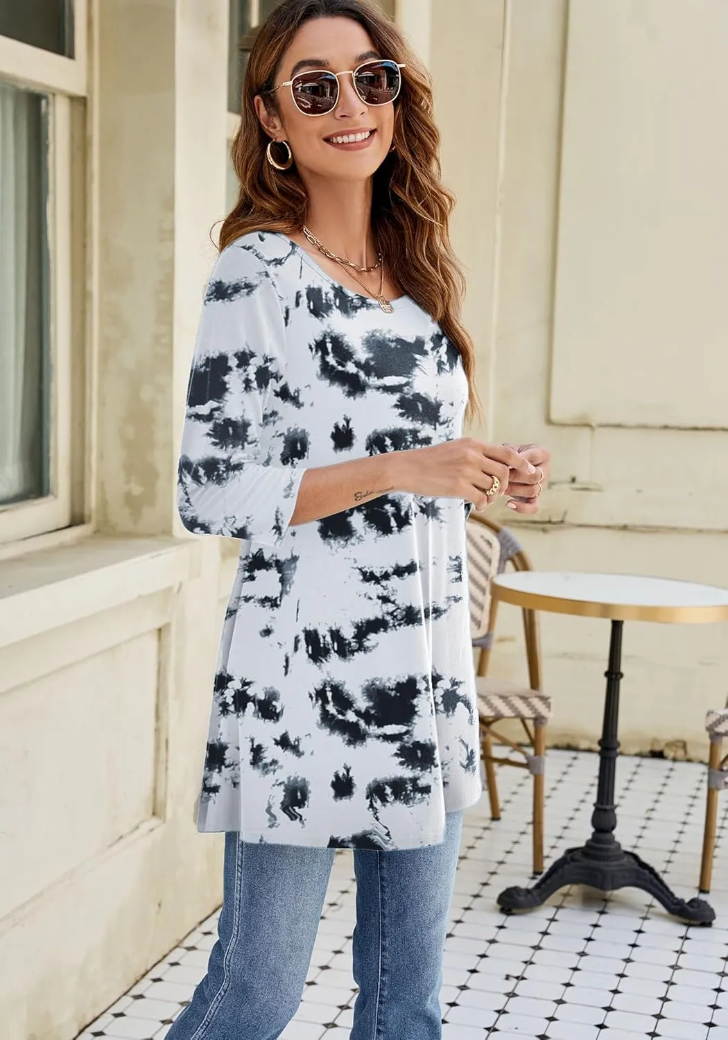 Naggoo Women's 3/4 Sleeve Crew Neck Swing Flare Loose Fit Casual Tunic Tops Tee Shirts M-3XL