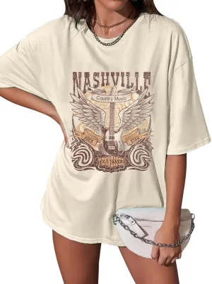 Nashville Shirts for Women Music City Country Music Concert Rock Band Vintage Guitar Wings Graphic Casual Tee Tops