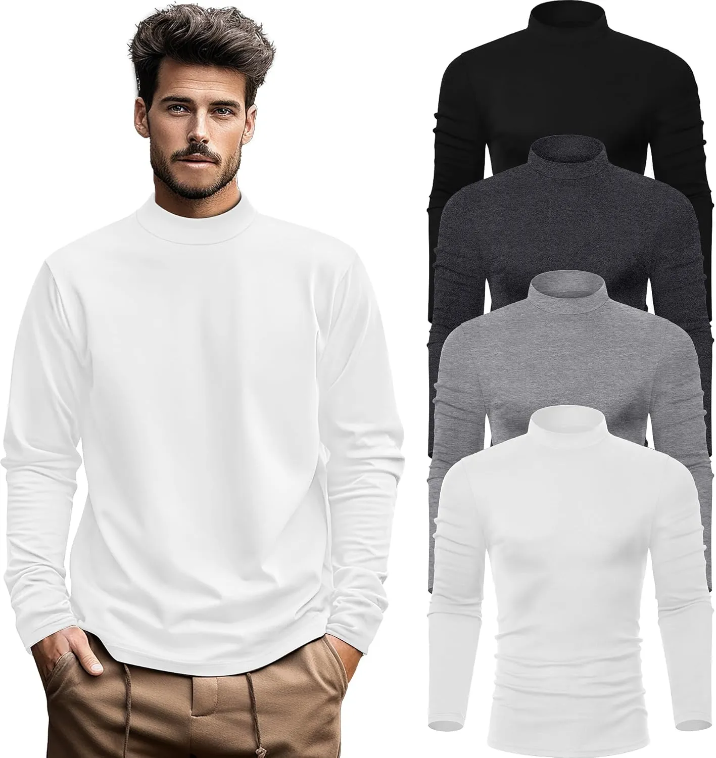 Neer 4 Pack Men's Mock Neck Shirts, Long Sleeve Turtleneck Pullover Tops Slim Fit Casual T Shirts Lightweight Basic Sweaters