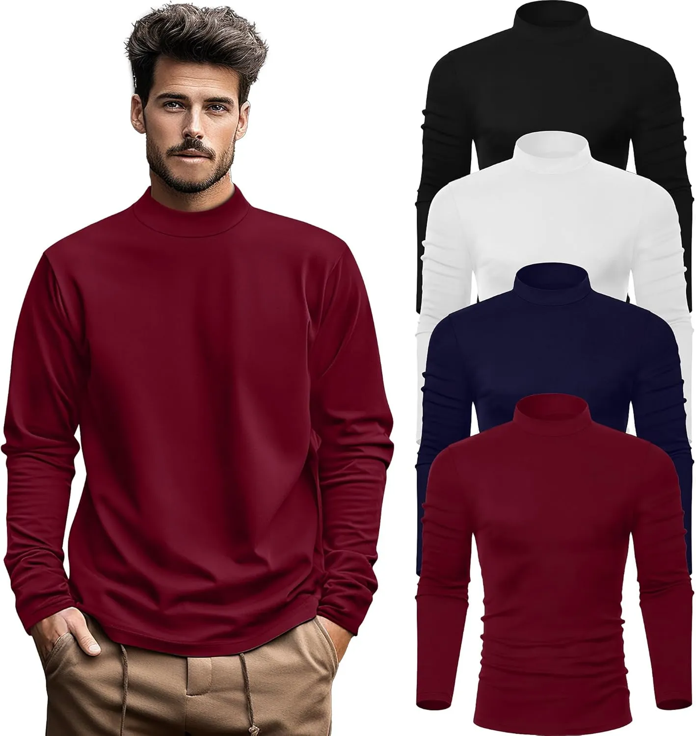 Neer 4 Pack Men's Mock Neck Shirts, Long Sleeve Turtleneck Pullover Tops Slim Fit Casual T Shirts Lightweight Basic Sweaters