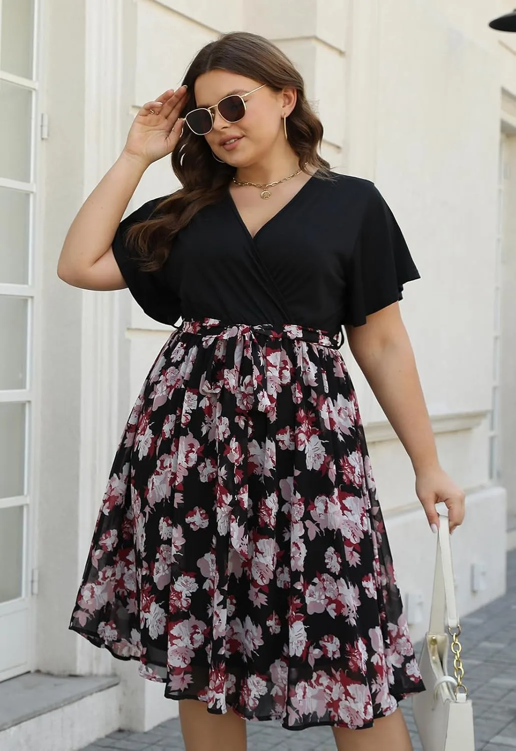 Nemidor Womens Casual Plus Size Ruffle Sleeve Boho Chiffon Print Belted Flowy Wrap Dress NEM529