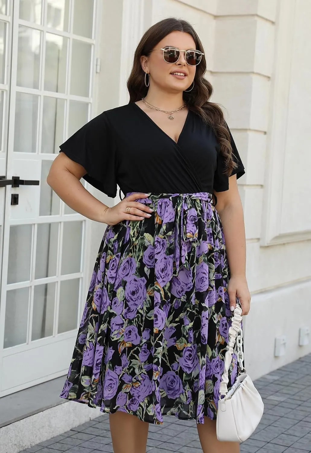 Nemidor Womens Casual Plus Size Ruffle Sleeve Boho Chiffon Print Belted Flowy Wrap Dress NEM529