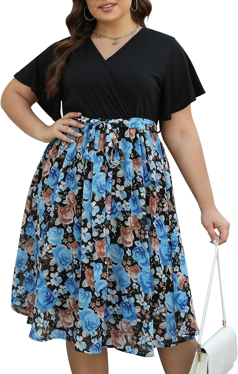 Nemidor Womens Casual Plus Size Ruffle Sleeve Boho Chiffon Print Belted Flowy Wrap Dress NEM529